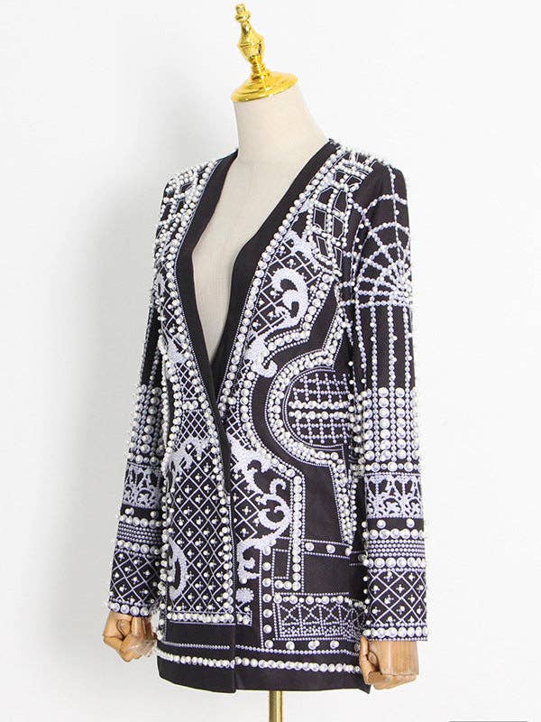 Plush Looks - Wholesale Blazer - Women's - Original Creation Loose Long Sleeves Beads Printed V-Neck Blazer Outerwear5