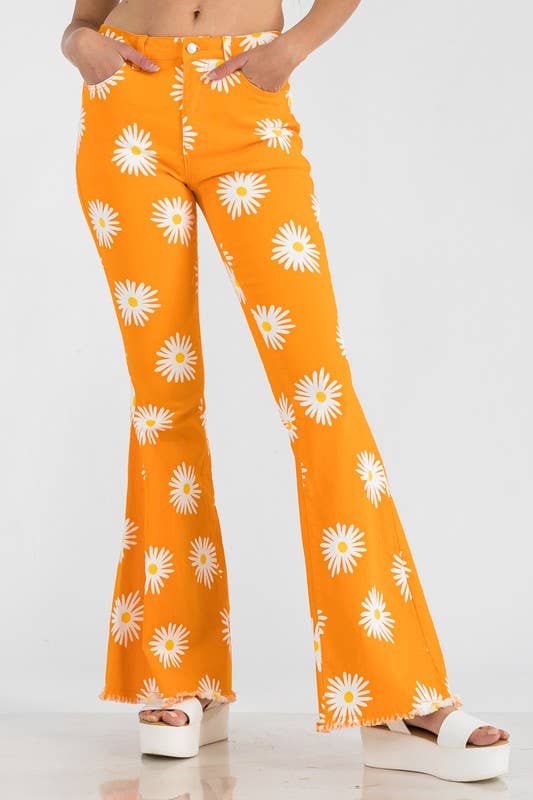 Wholesale Vintage Wash Flower Printed Spandex Flare Pants