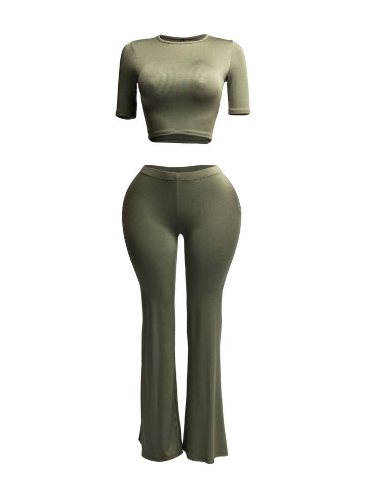 K Too - Wholesale Top & Pant Set (NOT Loungewear) - Women's - Short sleeve crop top & flare pants set