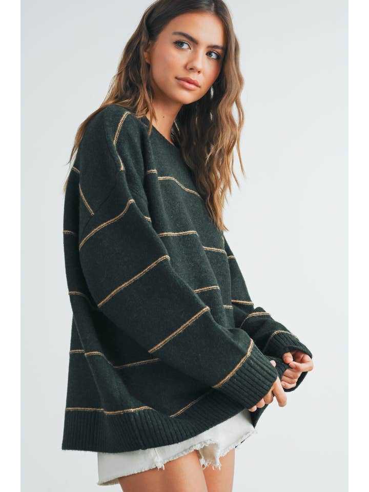BUTTERMELON - Wholesale Knitted jumper – Women′s - Striped Pattern Drop Shoulder Sweater - BMW742136