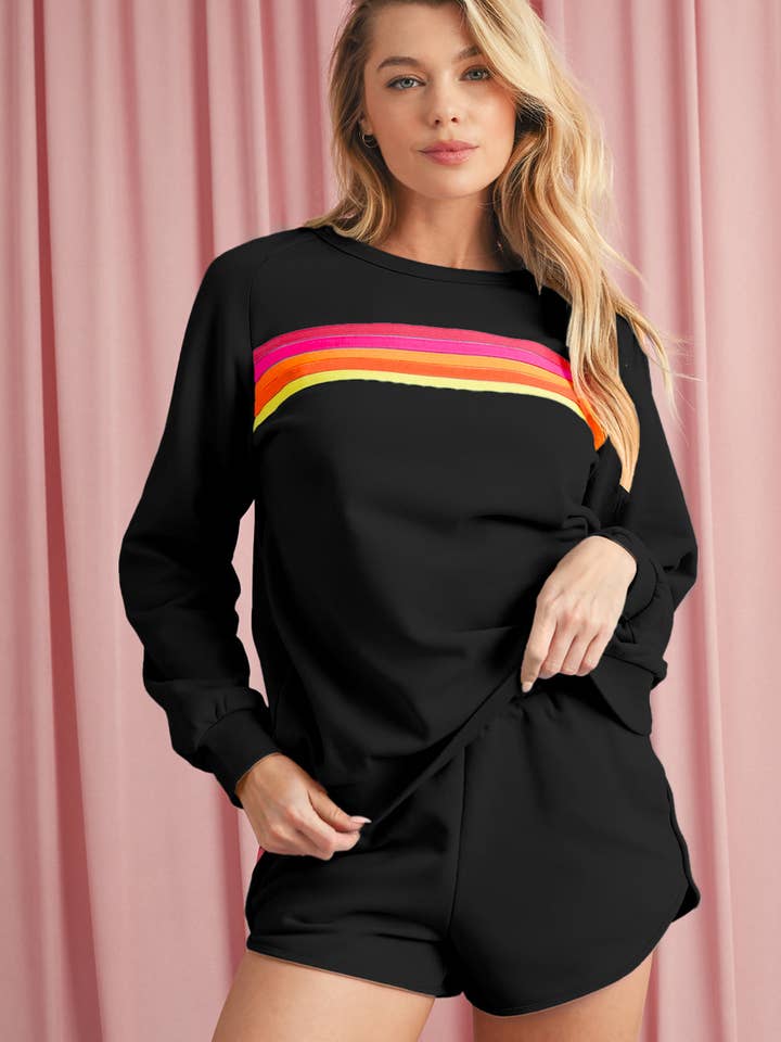 Black Colorful Striped Long Sleeve Pullover and Shorts Set for wholesale by Kustom Kreations Goods