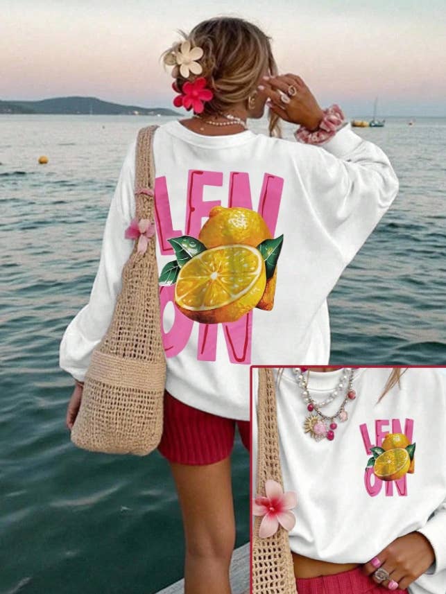 Rosa Clothing - Wholesale Sweatshirt - Women's - Italian lemon Cozy season print crew sweatshirt
