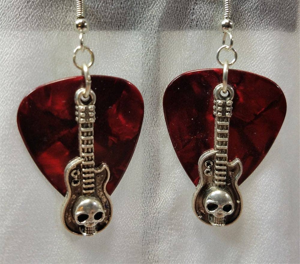 Simply Raevyn - Wholesale Dangle Earrings - Guitar with Skull Charms Guitar Pick Earrings2