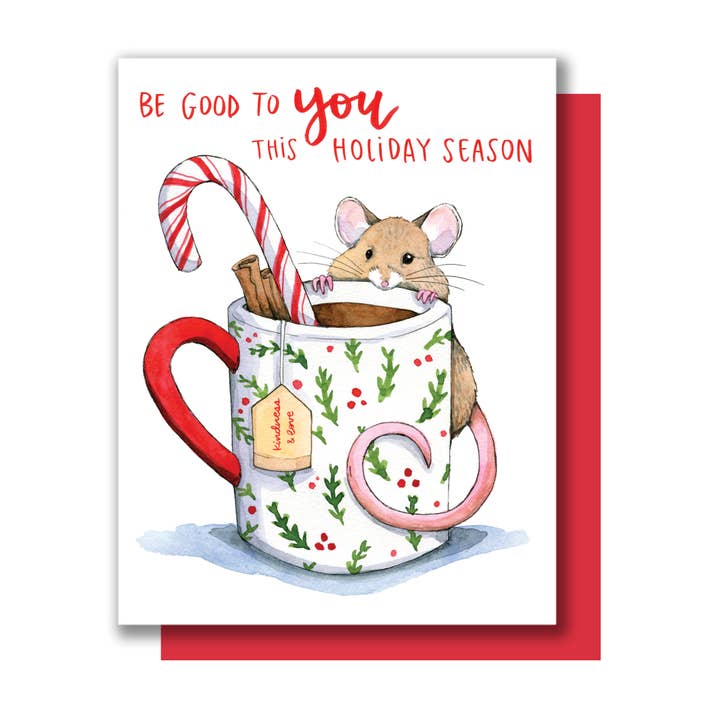 Self Care Mouse Holiday Card BOXED SET of 8 for wholesale by Paper Wilderness