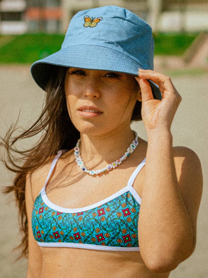 The Eli - Vintage Style White Border Bikini Top - Blue Hues (Top only) for wholesale by La Playa