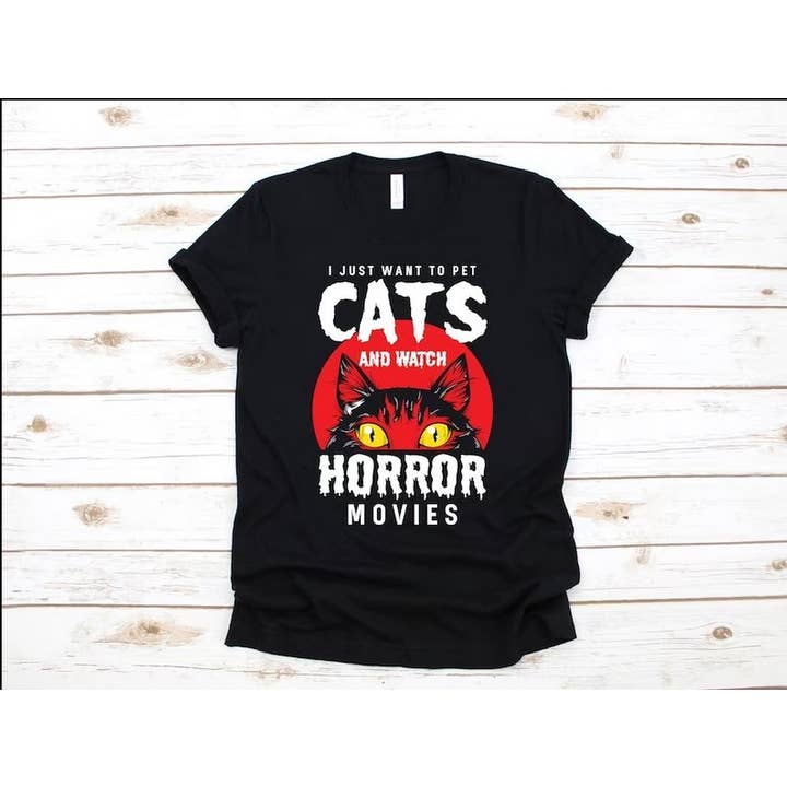 Cats And Horror Movies T-Shirt, Cat Scary Movies, Halloween, for wholesale by Alaridesign