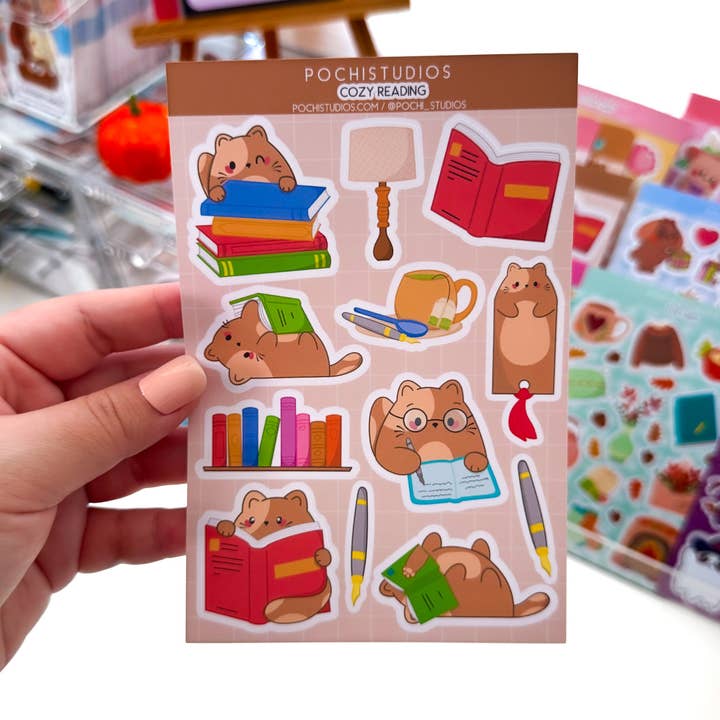 Pochistudios - Wholesale Sticker - Cozy Reading Chubby Chubbs Cat Matte Vinyl Sticker Sheet