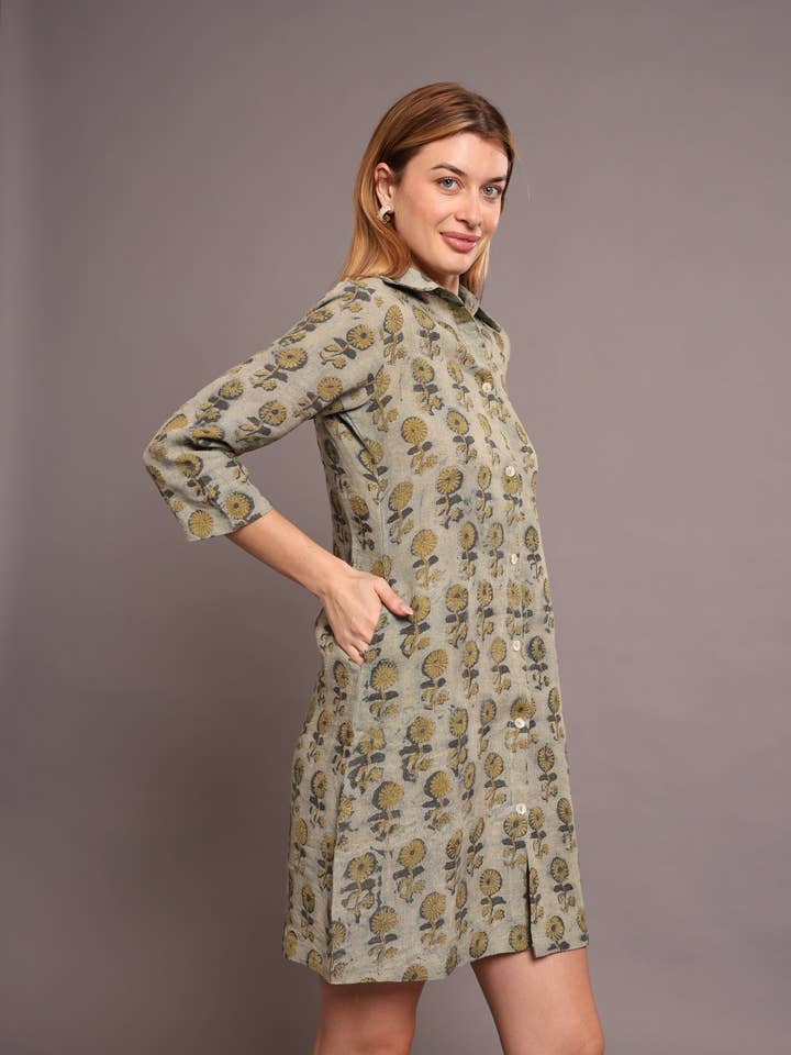 Pista Green Linen Block Printed Knee-Length Dress in Floral Print
for wholesale on Faire5