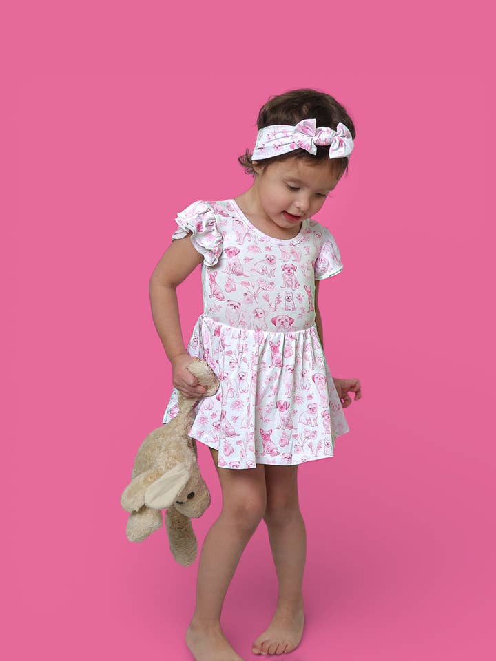 PINK PUPPY TOILE DREAM CAP SLEEVE BODYSUIT DRESS for wholesale by Dream Big Little Co.