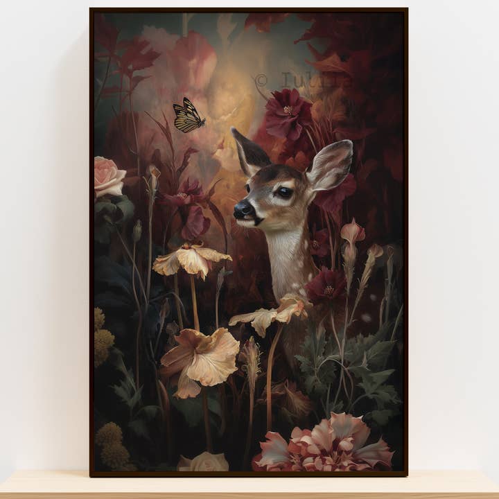 IuliiaArtPrints - Wholesale Art Print - Dark Castlecore Wall Art – Fawn & Butterfly in Moody Forest0