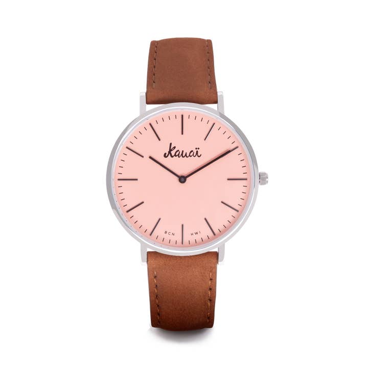 Orologio unisex rosa e marrone marrone marrone salmone | cinturino in pelle per la vendita all'ingrosso da parte di Kauai watches