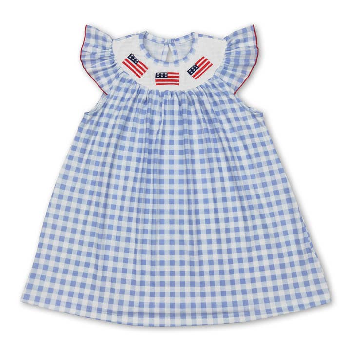 Yawoo Garments - Wholesale Dress - Kids - Light blue plaid flag smocked girls 4th of july dresses