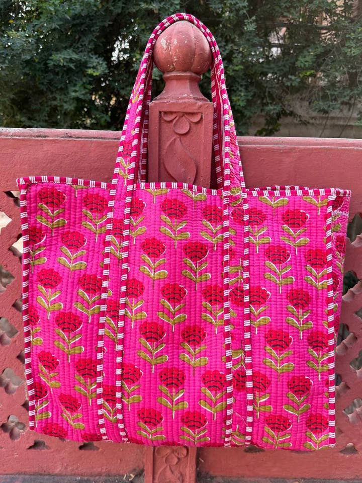 Pink Quilted Indian Cotton Bag Beautiful Printed Women Bags for wholesale by Bhawana Handicrafts
