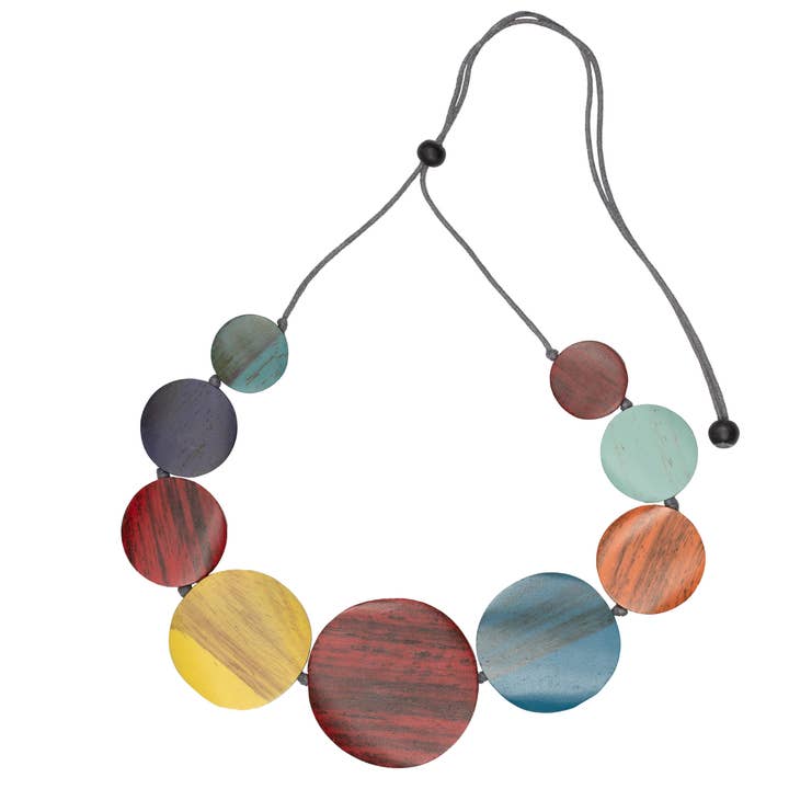 Graduated Wooden Disc Necklace for wholesale by Suzie Blue Canada
