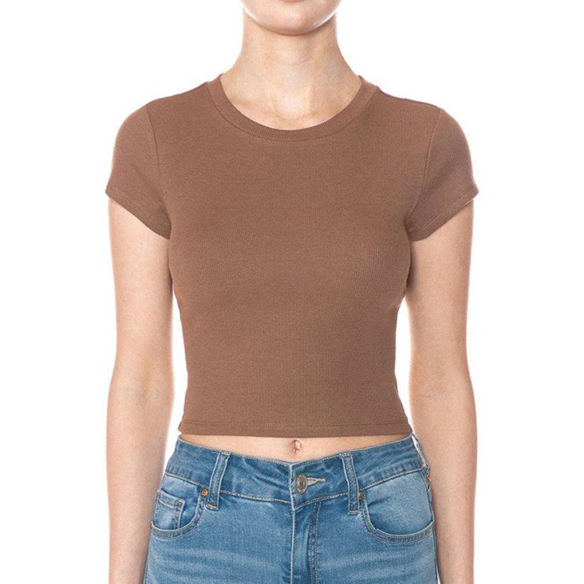 Timeless - Wholesale T-Shirt - Women's - RIBBED ROUND NECK SHORT SLEEVE CROPPED T SHIRT TOP10