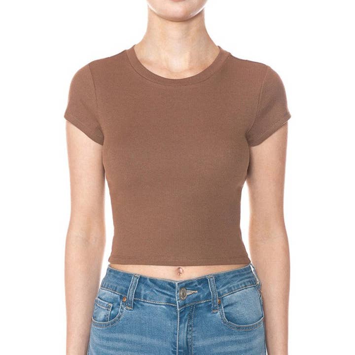 Timeless - Wholesale T-Shirt - Women's - RIBBED ROUND NECK SHORT SLEEVE CROPPED T SHIRT TOP10