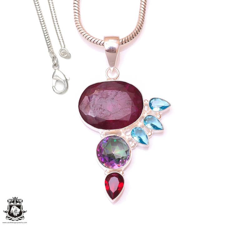 Ruby Aquamarine vedhæng & 3MM italiensk kæde P9821 for engroshandel hos SARAH DESIGNS JEWELRY