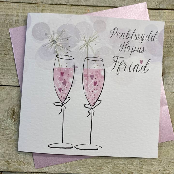 White Cotton Cards - Wholesale Birthday card - Welsh Penblwydd Hapus Ffrind Pink Flutes With Sparkler