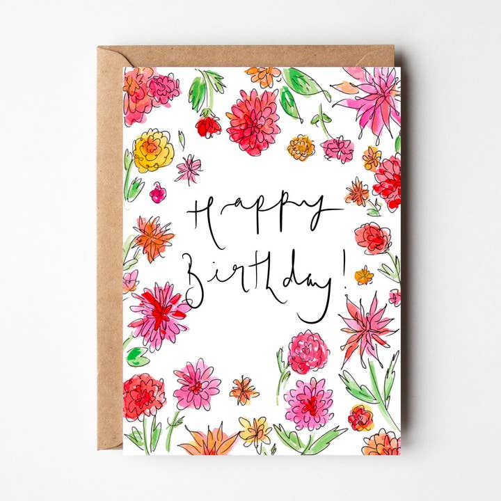 Happy Birthday Dahlias - Pretty Floral Birthday Card for wholesale by Bellynam Studio
