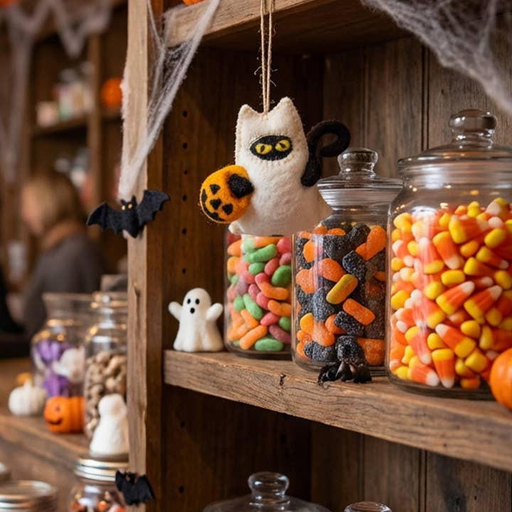 Decorazione di Halloween da appendere con gatto Boo! in feltro fatto a mano per la vendita all'ingrosso da parte di Felt So Good