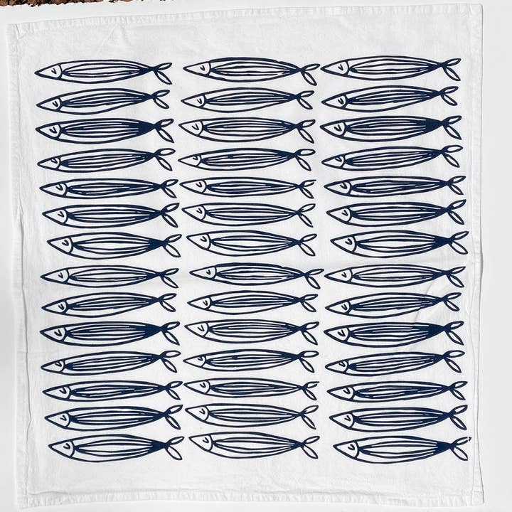 Julie Peach - Wholesale Tea towel - White Sardines 20" Tea Towel - Silkscreened 100% Cotton1
