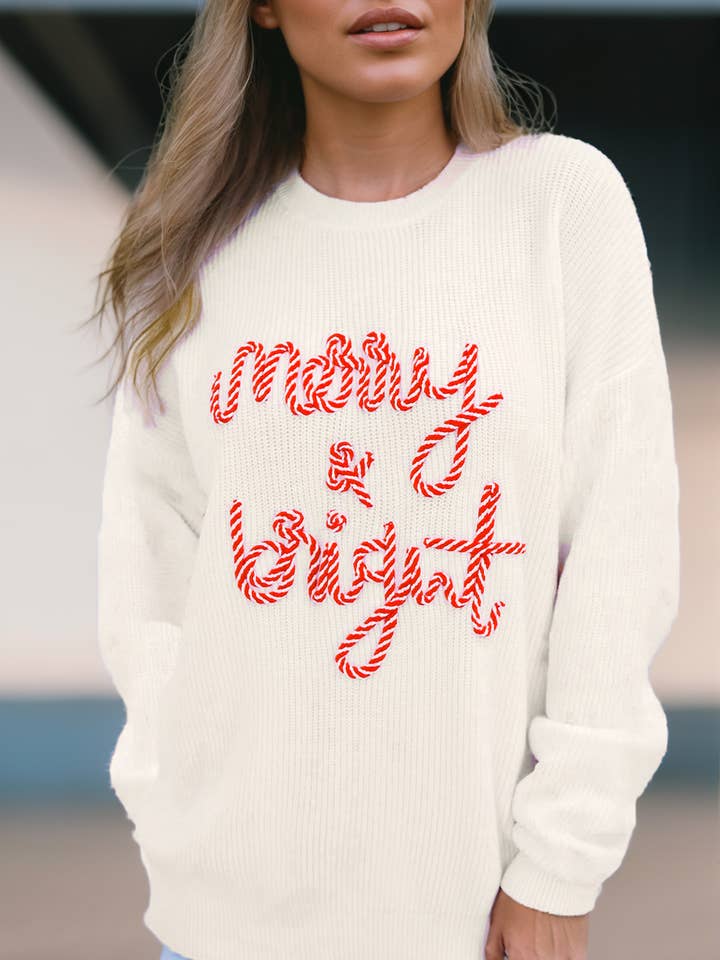 Striped Merry Bright Letter Christmas Sweater for wholesale by Umorger