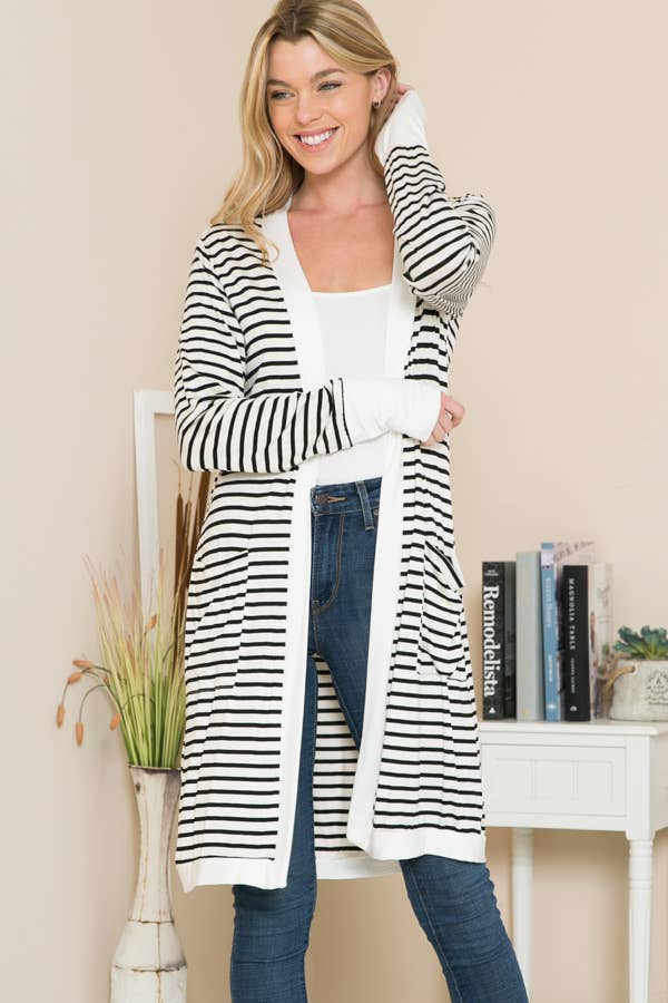 Burgundy Apparel - Wholesale Cardigan - Women's - Stripe Midi Open Cardigan3