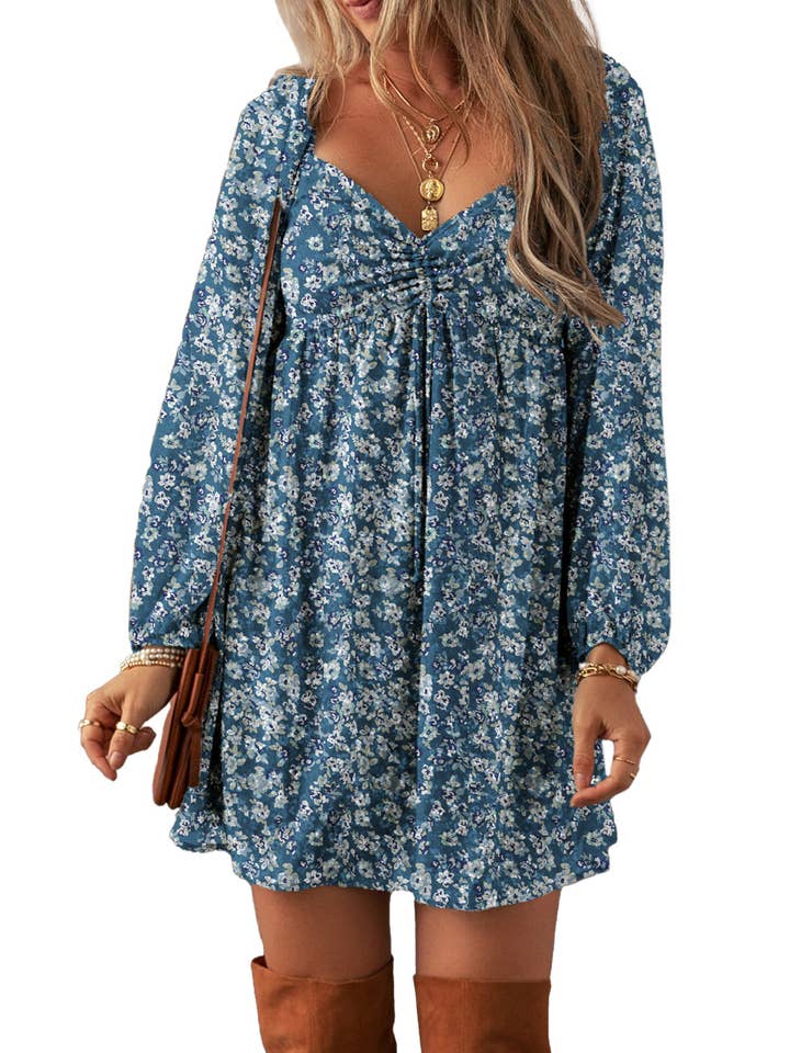 Blue Floral Sweetheart Neck Mini Dress for wholesale on Faire