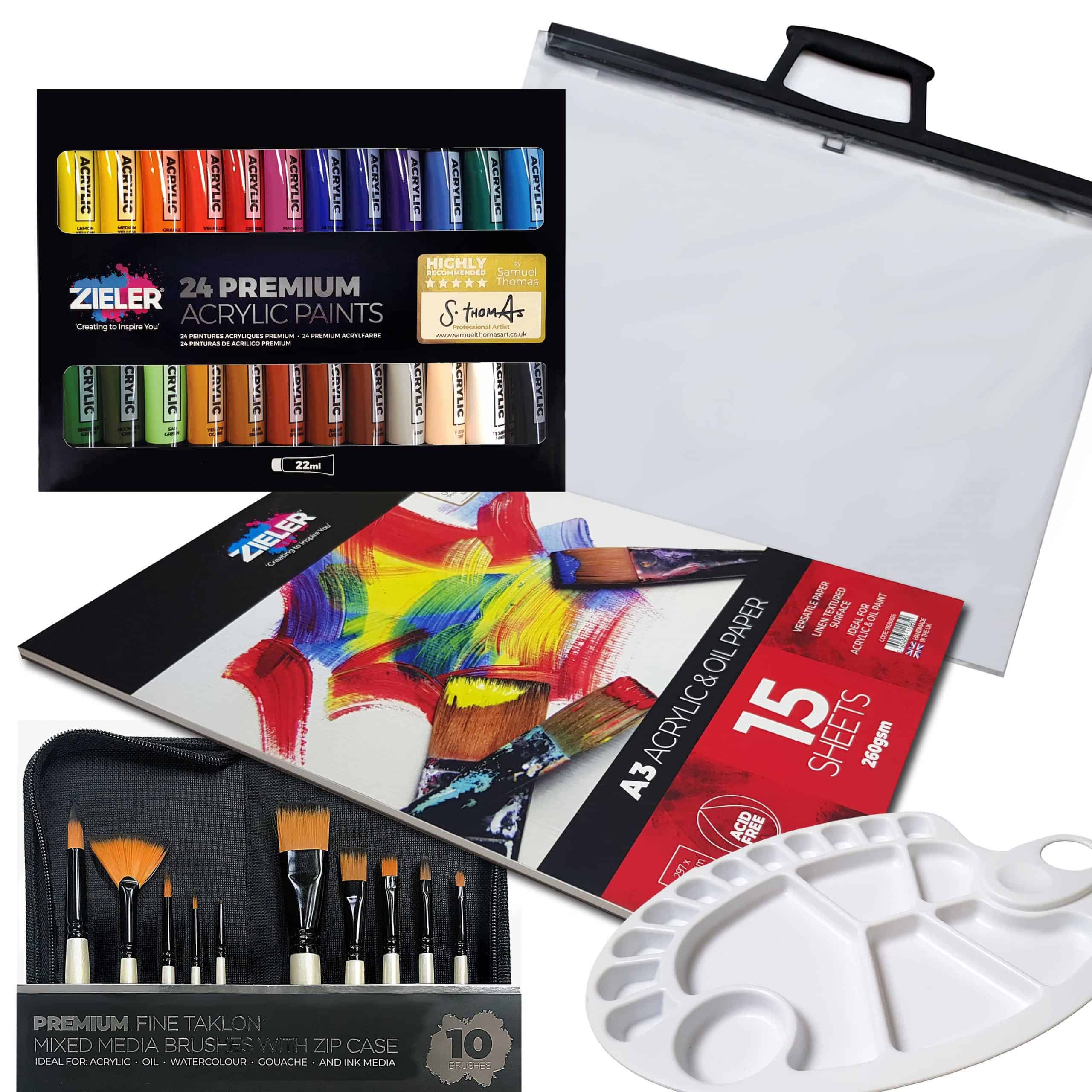 Zieler - Vente Assortiments de peinture - Ensemble de peinture acrylique 37 pièces avec sac d'art A3 transparent1