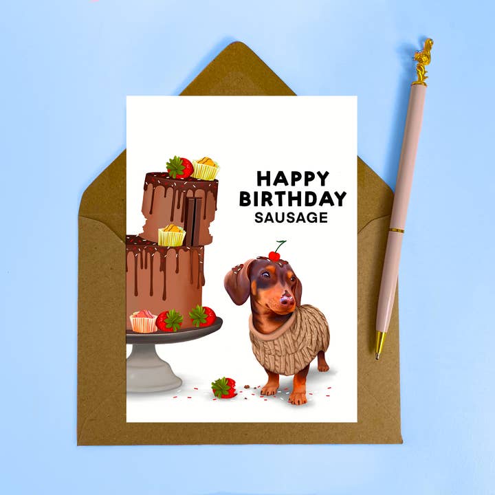 Chocolade verjaardagskaart voor teckel/worsthond voor wholesale door Hot Dog Greetings