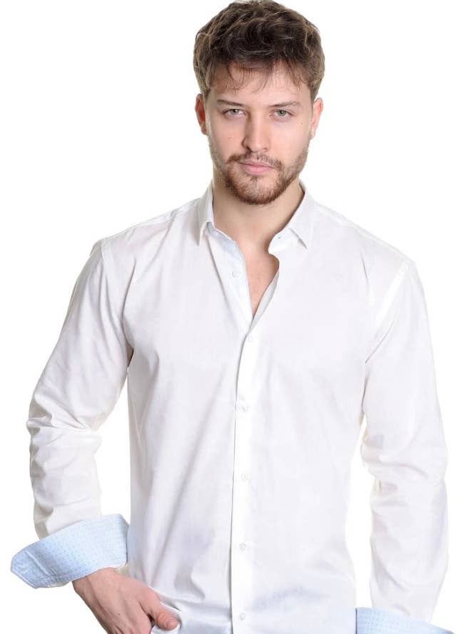 Mizumi Couture Kama Slim-Fit White & Blue Dress Shirt – Premium Italian Cotton, Modern Office & Evening Wear for wholesale by Fiona Secret Closet