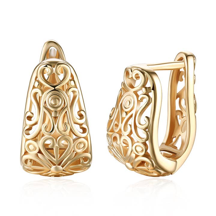 Bohemian Filigree Laser Cut Huggie Earrings 18K Gold Plated for wholesale by Golden NYC Jewelry