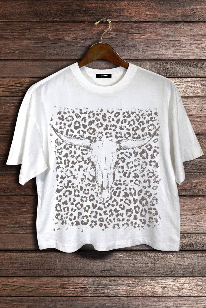 2&moon - Wholesale Screen Printed T-Shirt - Women's - Giving Leopard Pattern Cow Western Theme Crop Tee  0