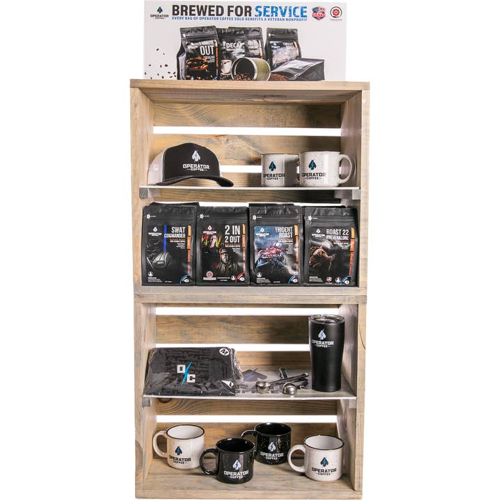 Operator Coffee - Venta al por mayor Estantes de exposición de minoristas - Alimentos y bebidas - Caja expositora de madera apilable