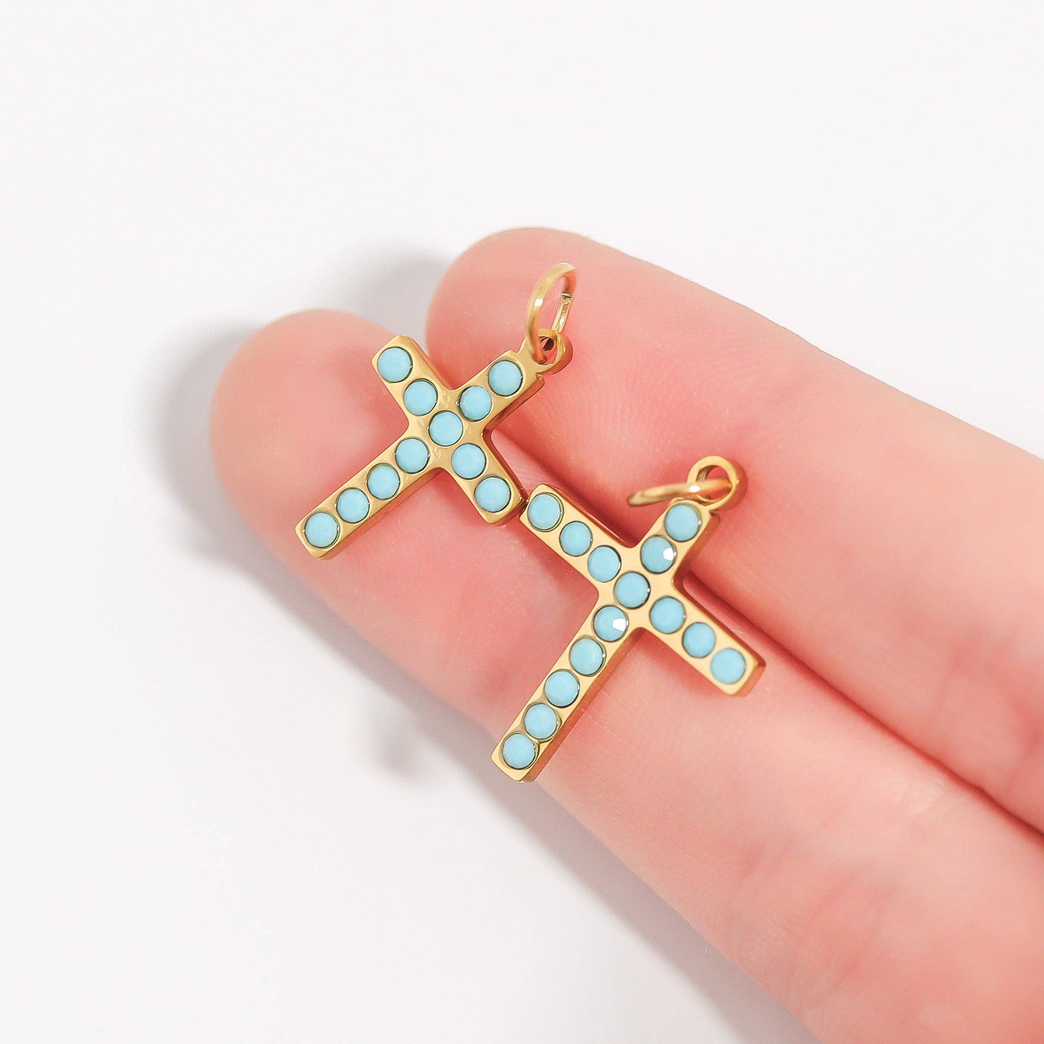 WJW - Wholesale Individual Charm/Pendant - 18K Gold PVD Stainless Steel Turquoise Stone Cross Charm4