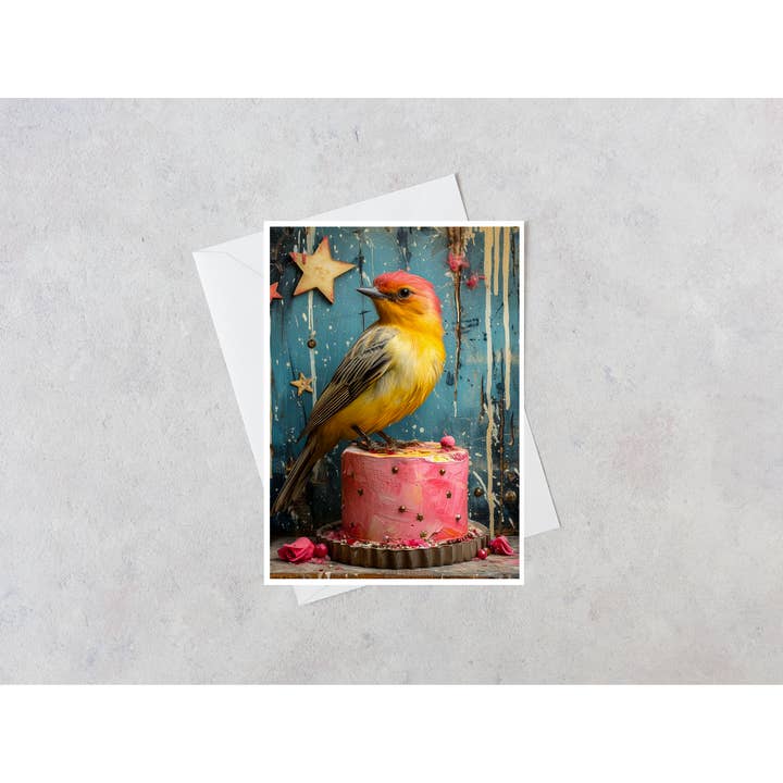 Yellow Bird Sitting On Pink Cake Blank Card 97AS for wholesale by Salty Alyce