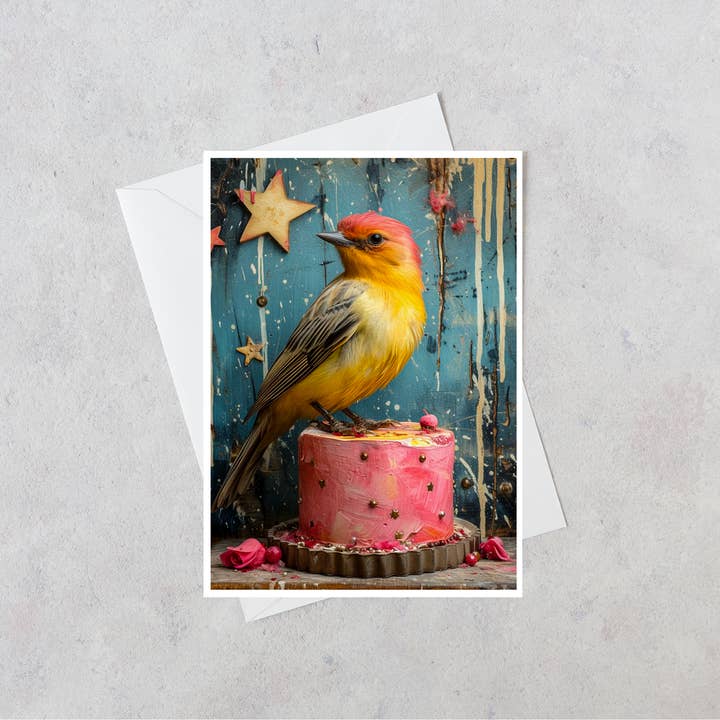Cartolina vuota con uccello giallo seduto sulla torta rosa 97AS per la vendita all'ingrosso da parte di Salty Alyce