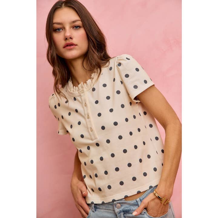 Polk-a-dot Knit Lace Trim On Neckline Short Top for wholesale by IVE