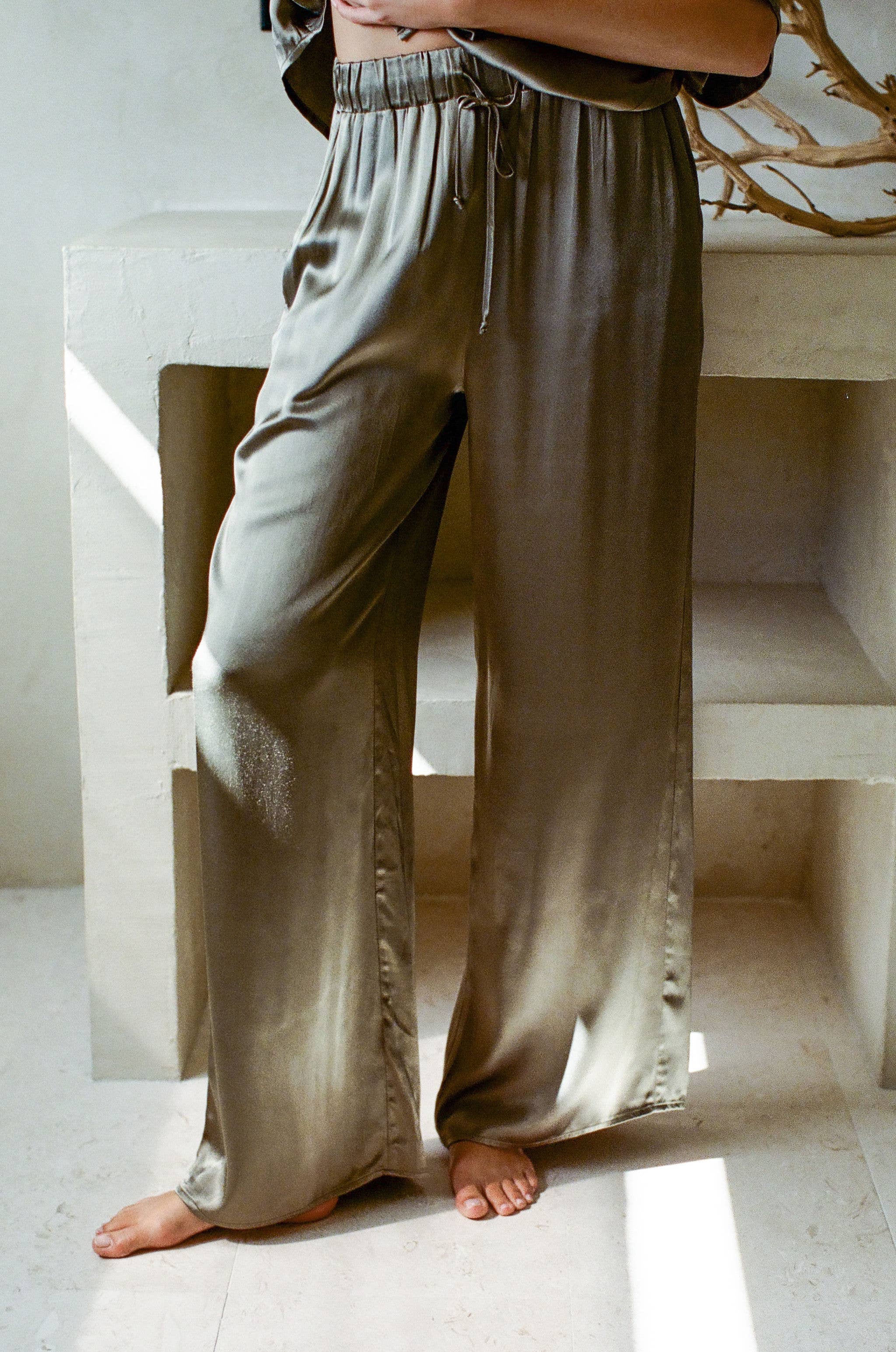 Olive AR1070 | Woven Satin Wide Leg Pants with Waist Strap for wholesale on Faire0