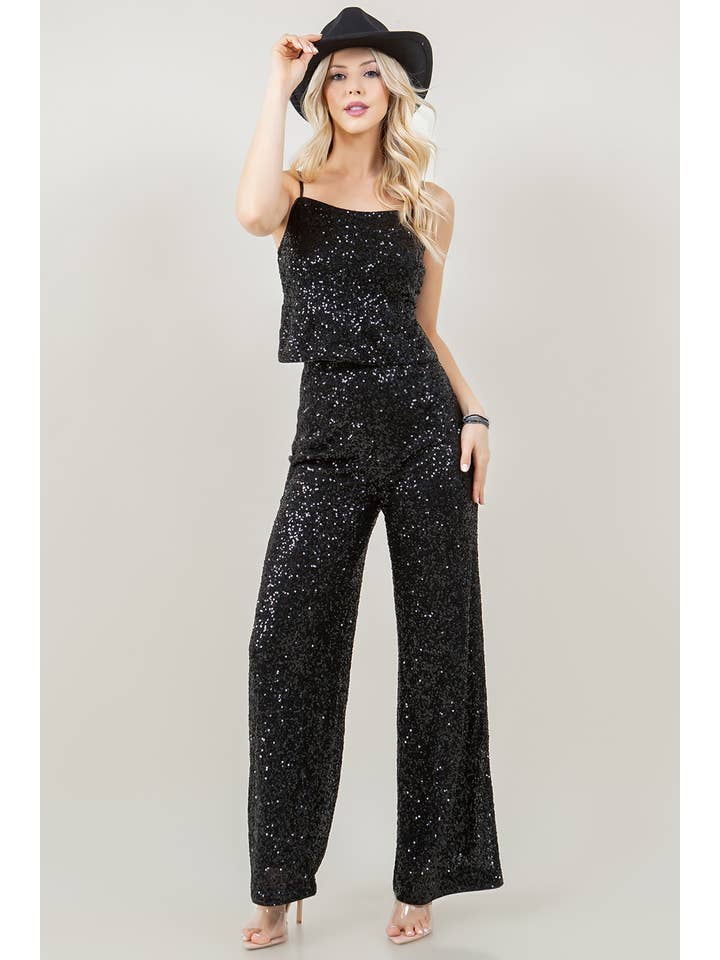 Miss Avenue - Wholesale Set met top en broek (GEEN Loungewear) - Dames - SM5763 Broekset met lovertjes en striksluiting aan de achterkant en wijde broekspijpen