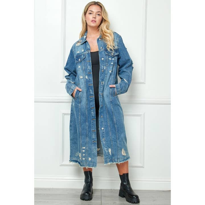 Lavage moyen Veste longue en jean vieilli de grande taille en vente sur Faire
