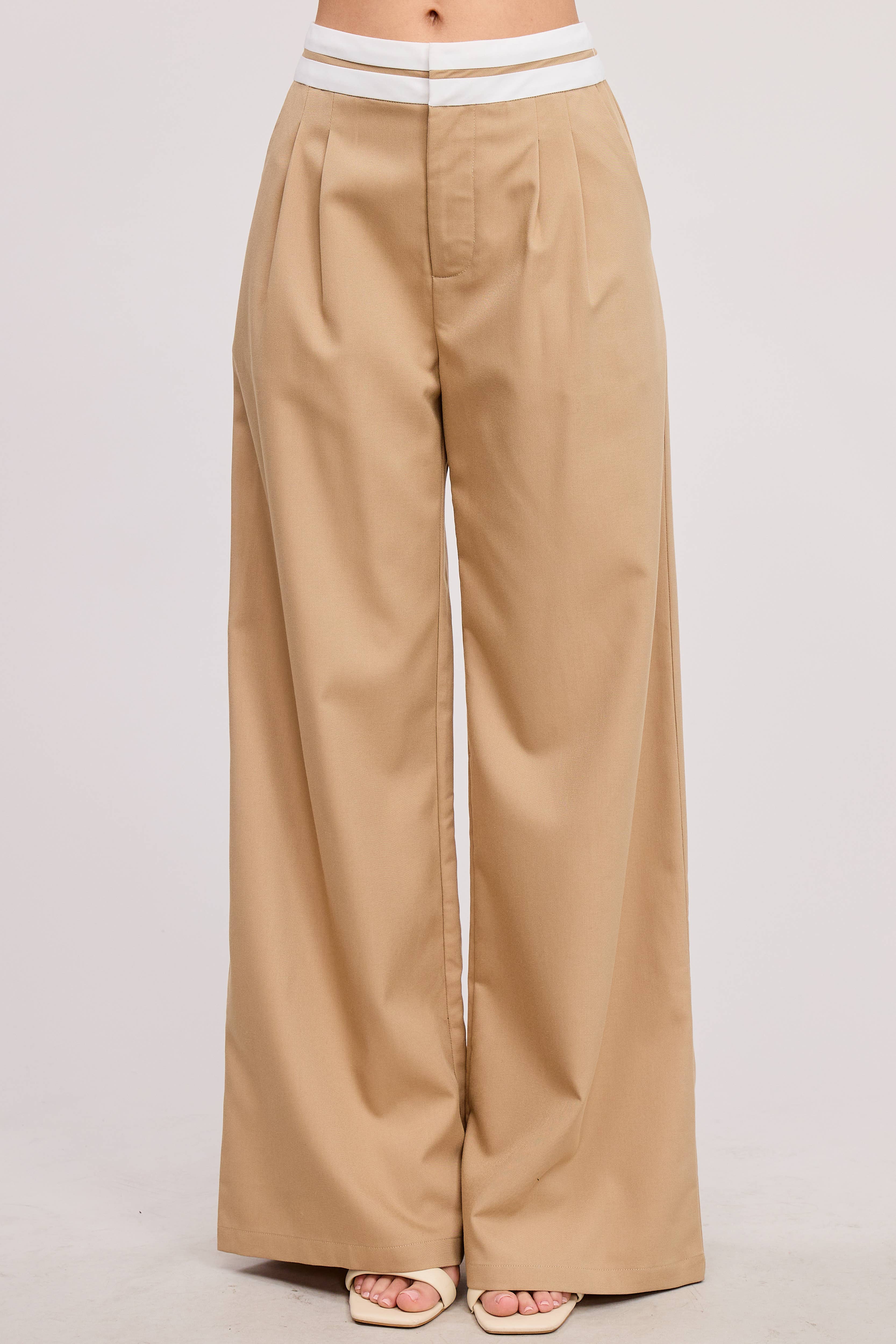 Mimosa - Wholesale Pants - Women's - Minimalistic Contrast Waistband Pleated Trouser Pants4