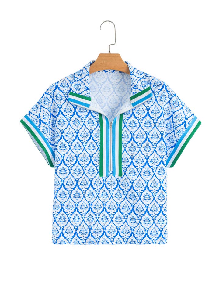 As shown Geomatric Floral Striped Tape Zip Collar Blouse | S-XL for wholesale on Faire