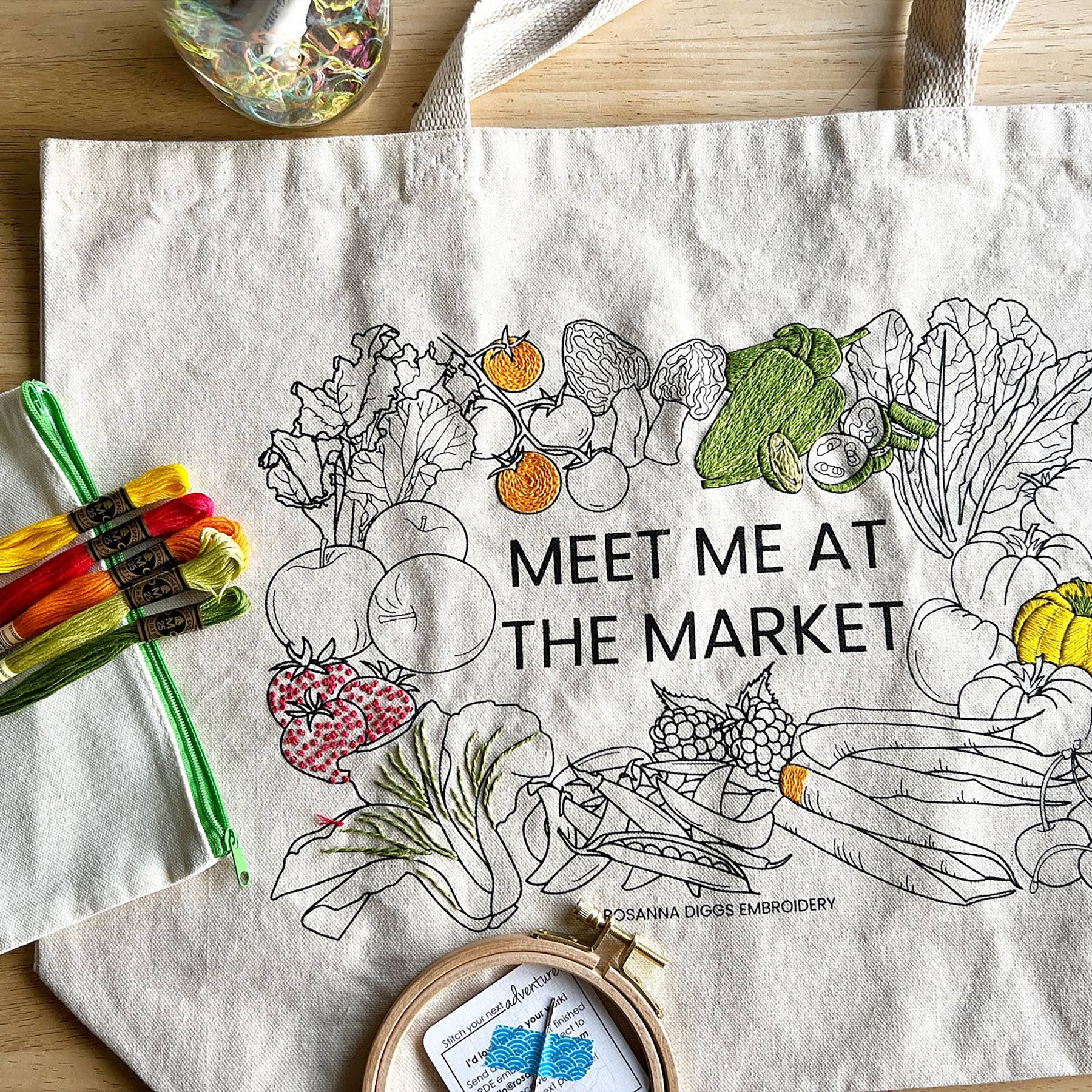 Rosanna Diggs Embroidery - Wholesale DIY Craft Kit - Meet Me at the Market Tote Bag Embroidery Kit1