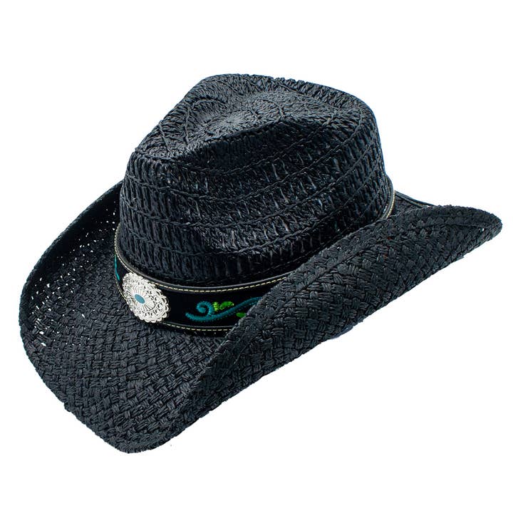 Panter Straw Blue Embroidered Buckle Drifter Cowboy Hat for wholesale by Peter Grimm