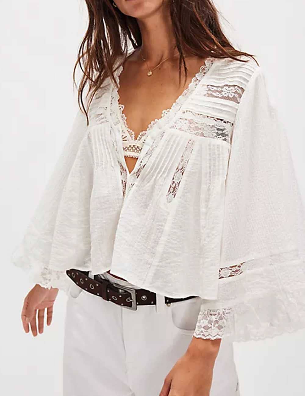 Sweetkama - Wholesale Blouse – Women’s - Ladies Solid Color Eyelets Ruffle Lace Blouse8