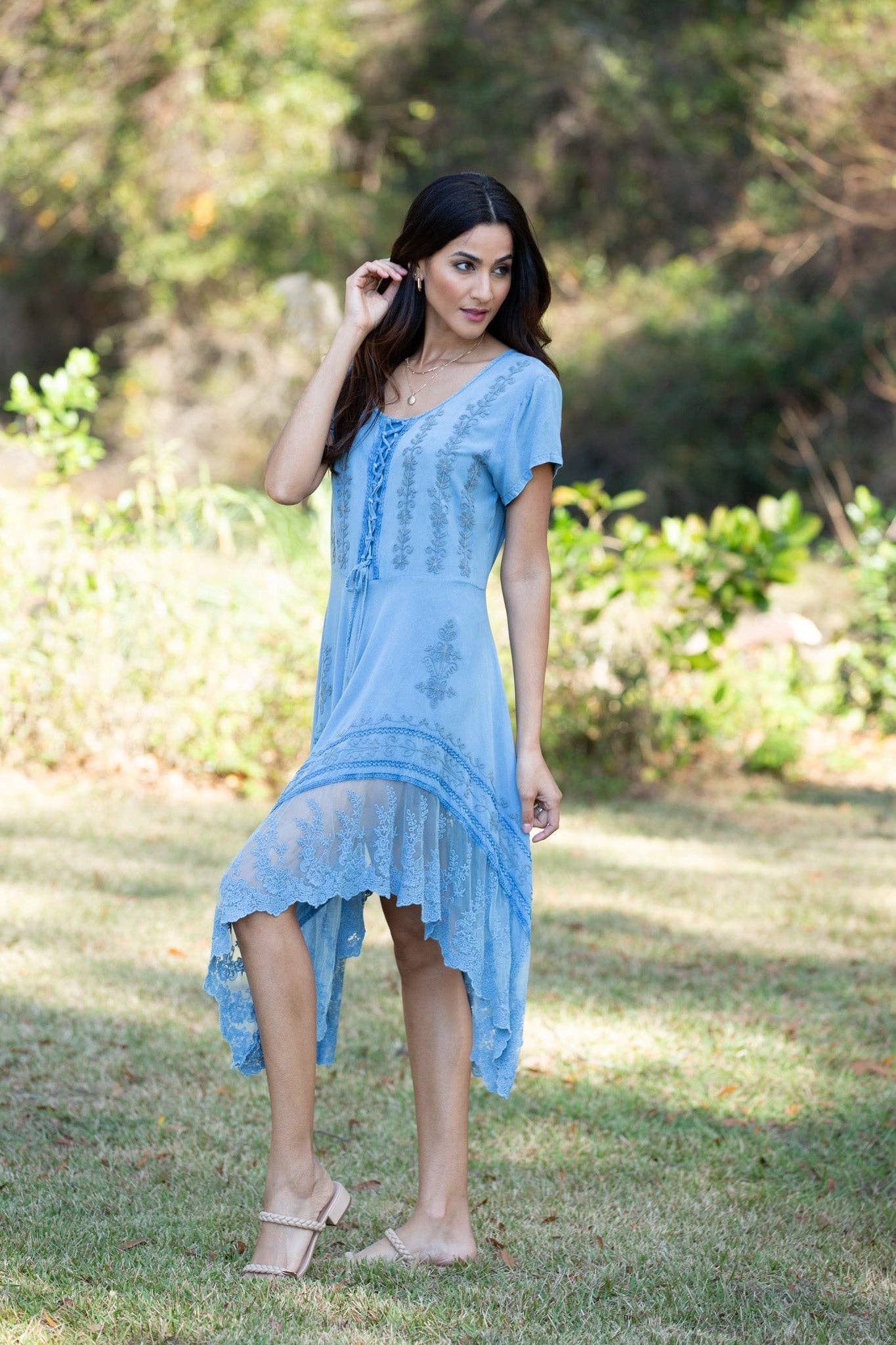 Sacred Threads - Wholesale Dress - Women's - Embroidered Artisan Blue Dress with Lace1