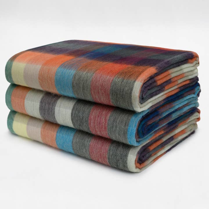 ECUALAMA - Wholesale Throw Blanket - Anzu - Baby Alpaca Wool Throw Blanket / Sofa Cover - Queen 96 x 66 in - Multicolor Checker Plaid In Orange Blue Brown