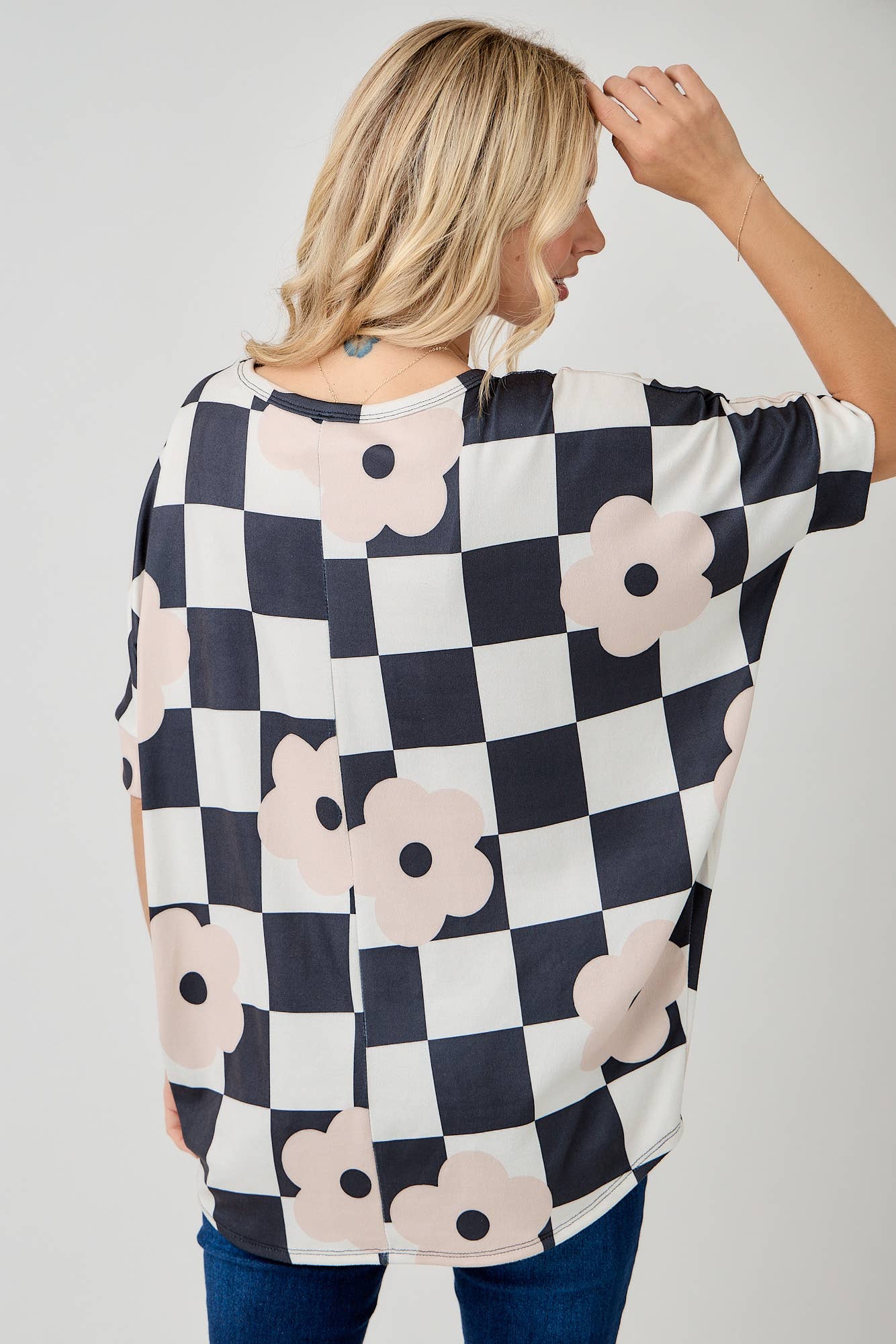 Celeste Clothing - Wholesale Tunic - Women's - WOMEN'S PLUS SIZE CHECKERED FLORAL TOP WITH HIGH-LOW HEM  
9