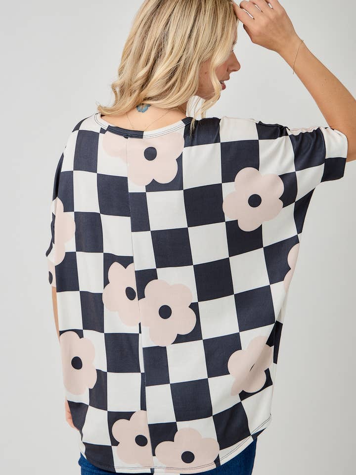 Celeste Clothing - Wholesale Tunic - Women's - WOMEN'S PLUS SIZE CHECKERED FLORAL TOP WITH HIGH-LOW HEM
9